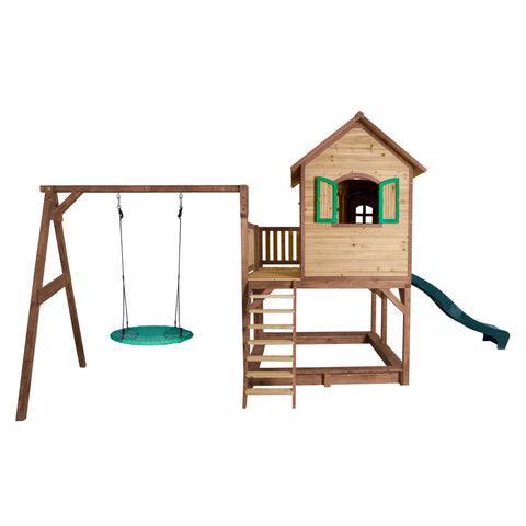 Image of AXI Liam Playhouse met Summer nestschommel Bruin/groen incl groene glijbaan