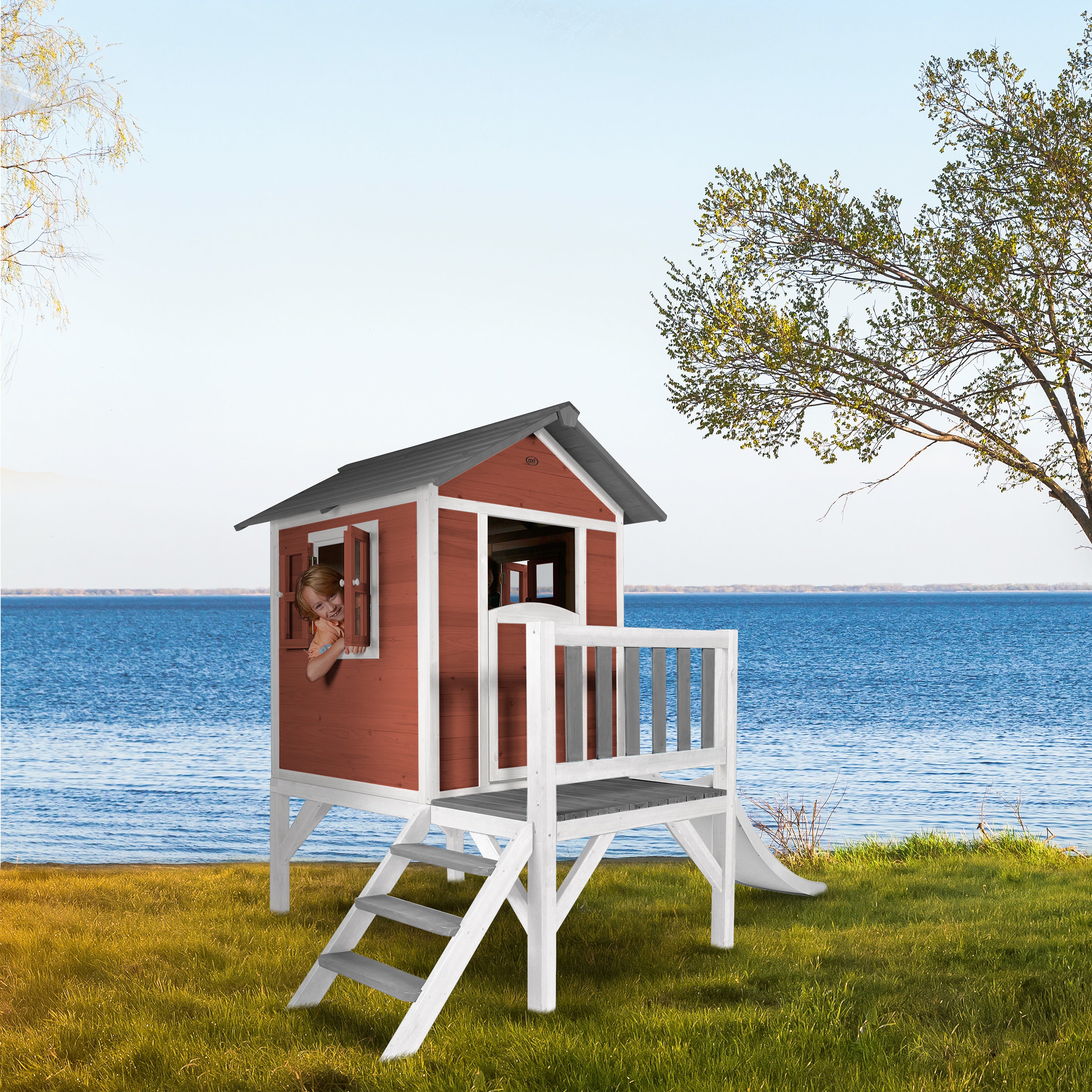 AXI Lodge XL Playhouse Scandinavisch rood inclusief witte glijbaan