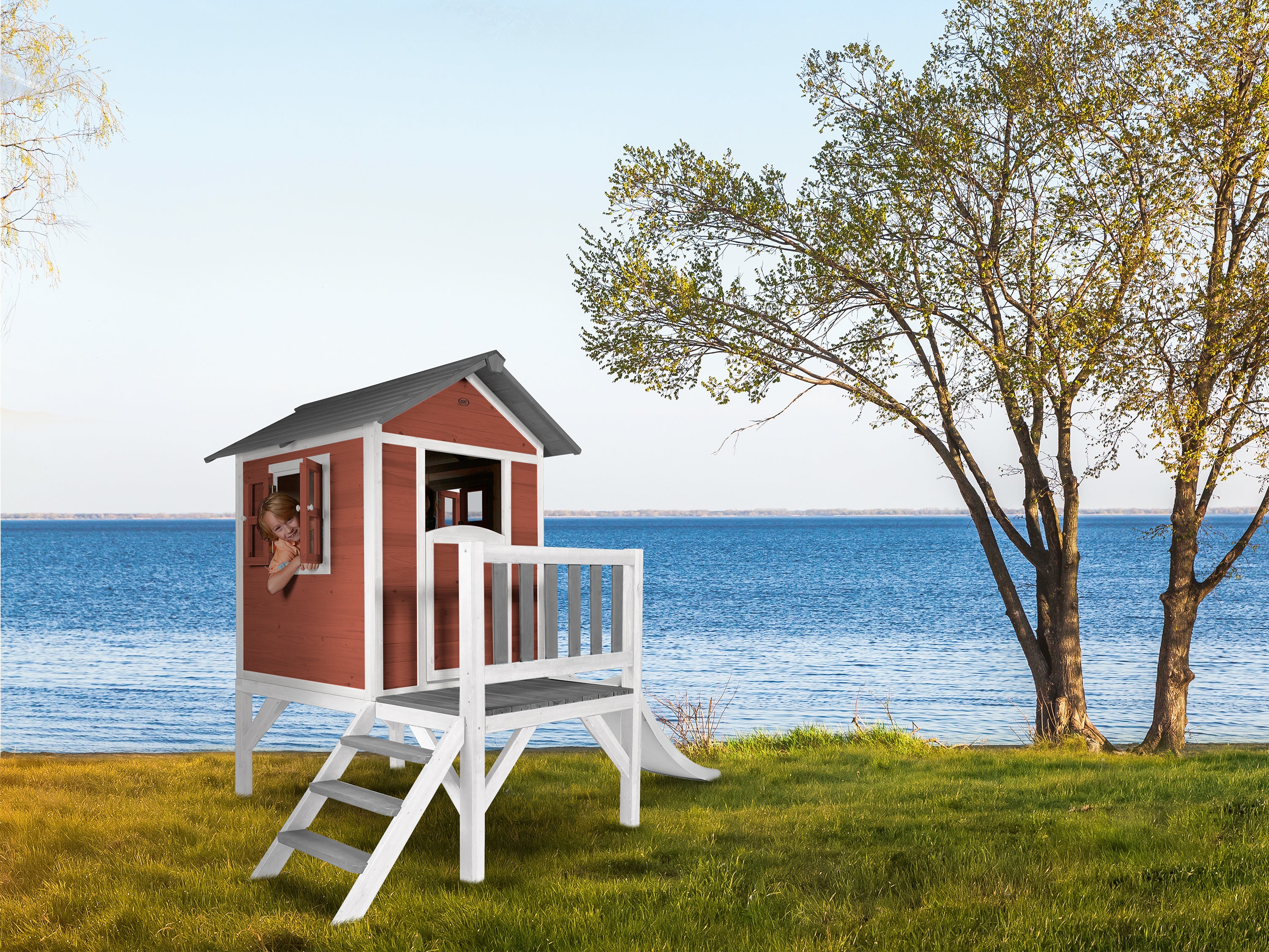 AXI Lodge XL Playhouse Scandinavisch rood inclusief witte glijbaan